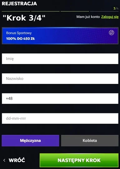 Formularz rejestracyjny w RTBet Casino - 3 krok