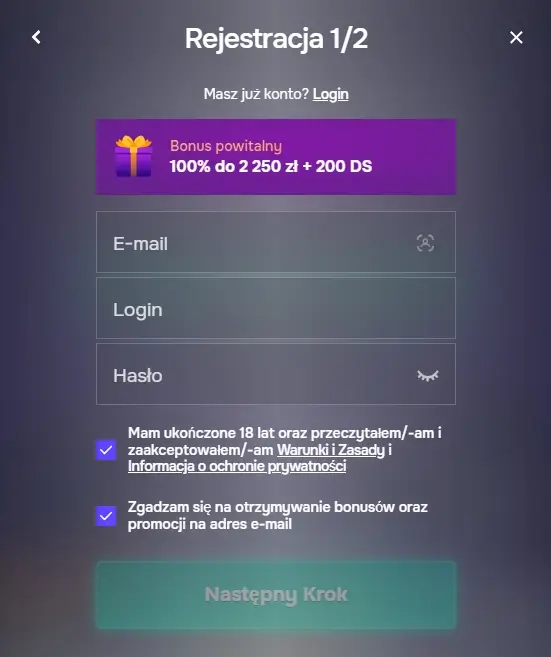 formularz rejestracyjny casino SG