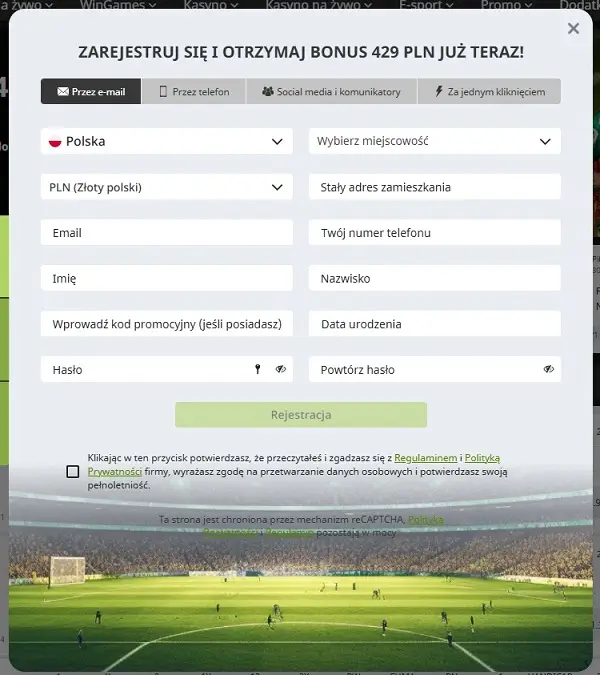 Formularz rejestracyjny przesłany pocztą WinWin Casino