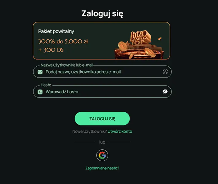 Formularz logowania do Ritzo Casino